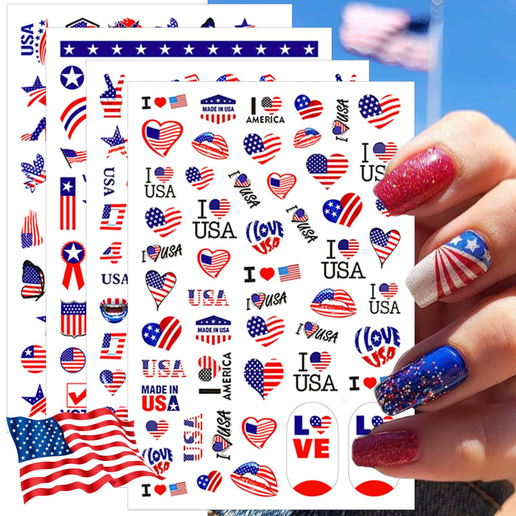 IDDFEVE 8 Sheets 4th of July Nail Stickers Independence Day Patriotic Nail Decals 3D Design Self-Adhesive USA Flag Star Nail Art