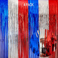 EUFARS 4th of July Decorations- 4 Pack of 3.2x8.2ft Red Silver Blue Tinsel Foil Fringe Curtains for Patriotic Party Memorial Day Independence Day Party Backdrop