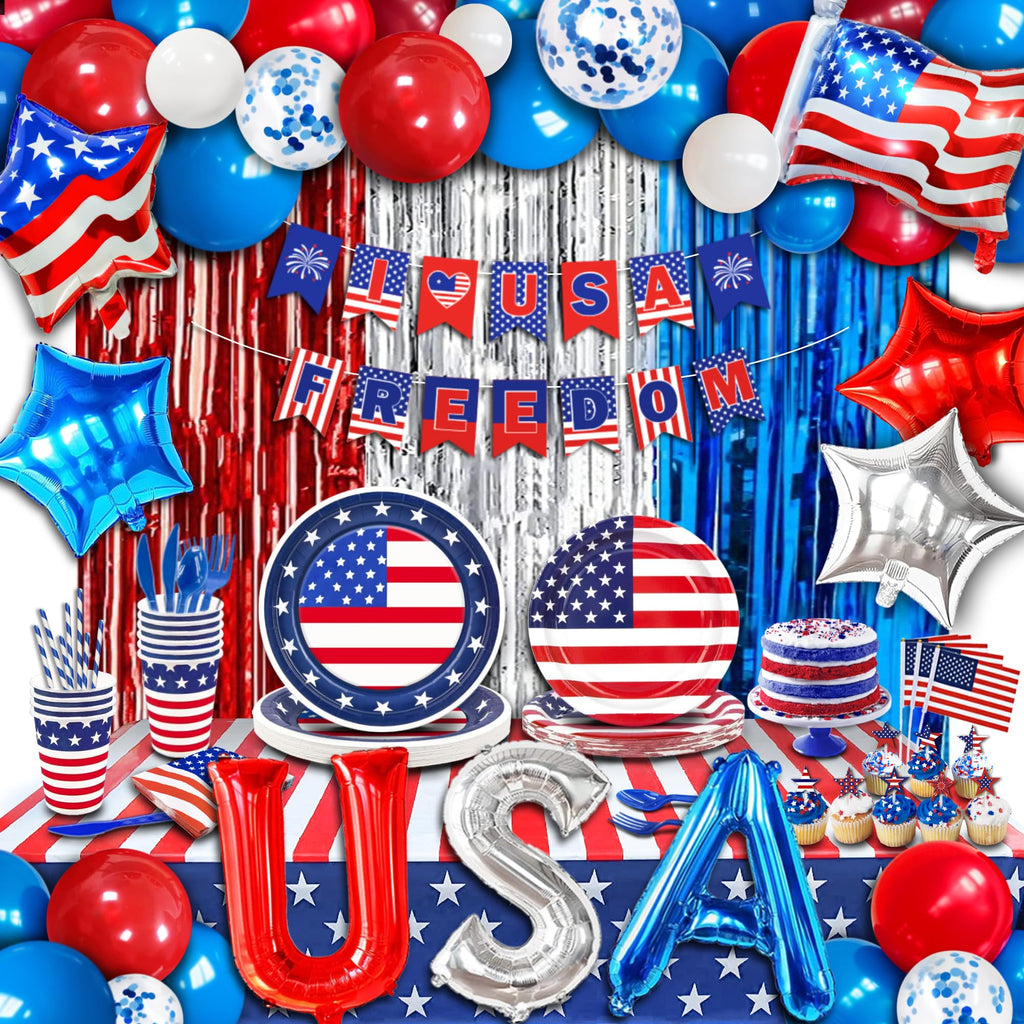 Party Spot! 272 pcs 4th of July Birthday Party decorations16 Tableware Sets“USA” Balloons Paper Plates Patriotic Party Decorations Independence Day Party Decoration Tablecloth Flag