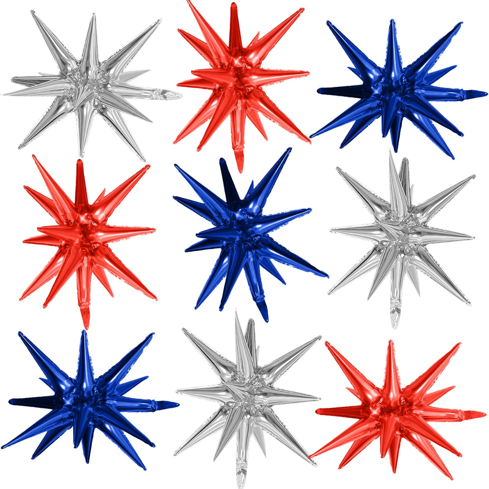 Red Blue Silver Star Balloons9Pcs Red Blue White Explosion Star Foil Balloons22Inch Spike Cone Star Helium Mylar Balloons for Birthday Anniversary Baby Shower 4th of July Disco Party Decorations